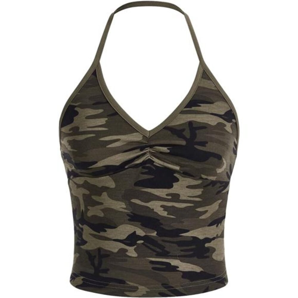 Women's Camo Print V Neck Sleeveless Crop Tops Casual Ruched Backless